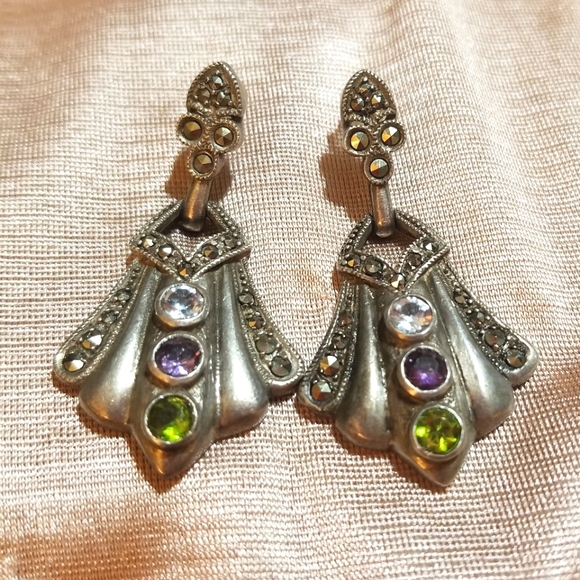 VTG DOOR KNOCKER Multi Gem Marcasite Sterling Earrings - Picture 7 of 7